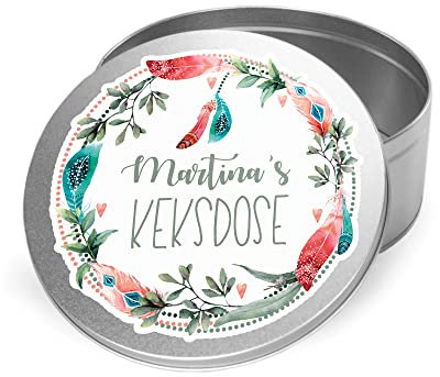 GRAZDesign Keksdose personalisiert mit Namen, Geschenkdose Rund - Personalisiertes Geschenk - Geschenkidee - Vorratsdose - Plätzchendose - Metalldose (Feder mit Kranz)