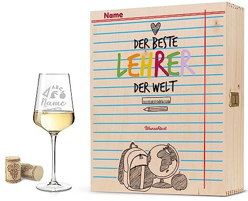 Leonardo Copas de vino con grabado – Mejor profesor del mundo – Personalizadas con nombre y texto deseado, incluye caja de madera, regalo para el comienzo de la escuela o graduación para profesores