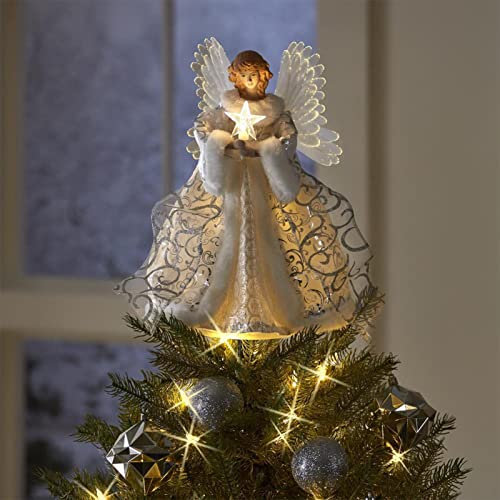 Joyivike Christmas Tree Topper 20cm Angel Decorations, Top With Feather Wings, Light Up Fairy Topper, Pendant For Ornaments