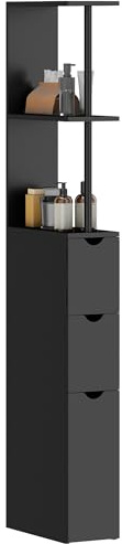 HOMCOM Platzsparender Badezimmerschrank aus Holz, Badezimmerschrank mit Regalen, Schrank und Schubladen, Schwarz, 15x33x136cm
