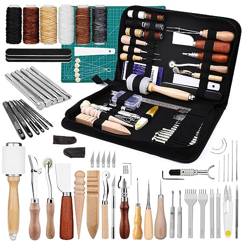 Kuppt Kit Outils Cuir, Kit de Couture D'outils pour le Travail du Cuir | Outils Cuir Comprenant des Outils de Poinçonnage, Outils de Sculpture pour Couper, Poinçonner, Coudre, Estamper
