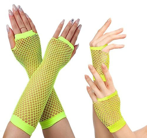 Carnavalife 4pcs Guantes de Rejilla sin Dedos Largos y Cortos Guantes Malla para Niña Mujer Disfraz 80s Ochentero Años 80 Rockero Vintage Retro Neon Discoteca Halloween Carnaval