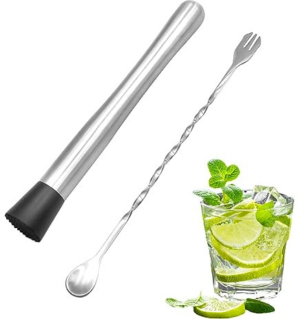 Stainless Steel Cocktail Muddler,10 inch Stainless Steel Cocktail Muddler with 1 Mixing Spoon, Cocktail Shaker Set,Bar Tool Set, Mojito Kit,Cocktail Making Set for Making & Creating Delicious Mojitos