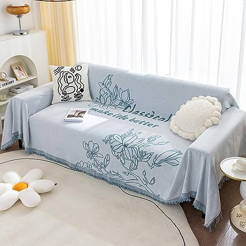 Homxi Sofaüberwurf 1 Sitzer,180x150CM,Sofahusse Universal Blumenblätter mit Quasten Sofaüberwürfe Chenille Sofa-Handtuch Blau Sofabezug Sitzer