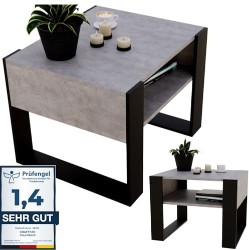 CraftPAK Wohnzimmer Tisch für Couch aus hochwertigem Holz, Stabiler & moderner Couchtisch mit zusätzlicher Ablagefläche Farbe, Beton Schwarz