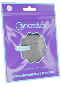 Bastoncini per filo interdentale ecologico, 0,40 mm, con stuzzicadenti, insapore e non cerato, vegano, 30 pezzi, Nordics