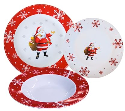 Omniacasa 18-teiliges Porzellanteller-Set für 6 Personen mit Weihnachtsmann-Schneeflocken-Dekor