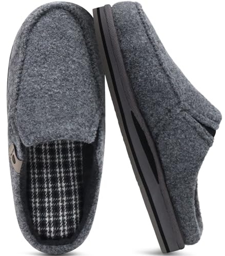 ONCAI Zapatillas de Casa Hombre Rayas Confort Mezcla de algodón Fieltro Pantuflas con Felpa Espuma de Memoria Soporte del Arco Antideslizante Suela Gris Talla 43