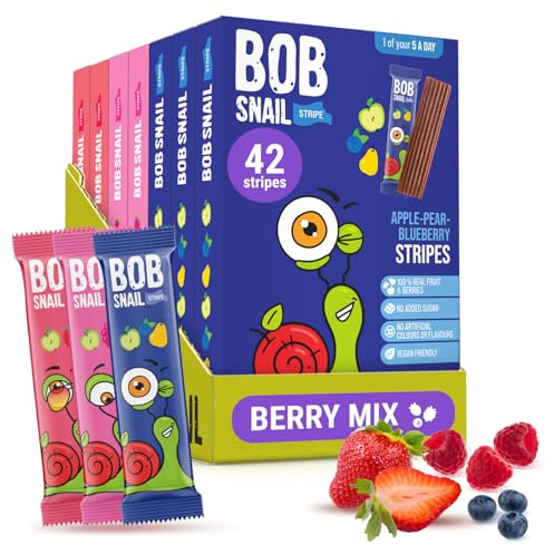 Bob Snail Fruit Leather Stripes, Mix Flavors 42 Bars (Pack of 7, 588g) | Flavors - Blueberry, Raspberry, Strawberry, Sugar Free, Natural Fruit Snacks