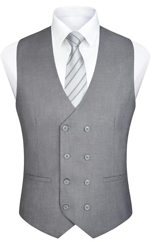 Enlision Gilet da Uomo a Doppio Petto Con Scollo a V Gilet da Abito Casual Formale da Lavoro Grigio