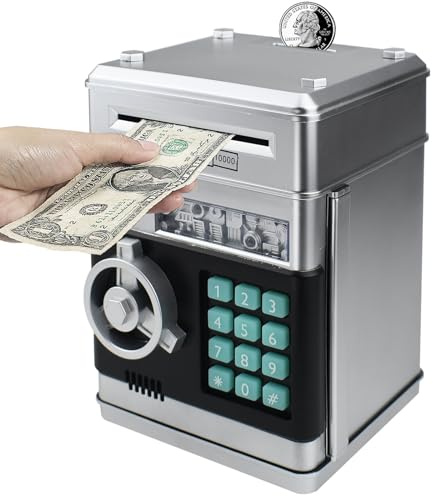 HUSAN Electronic Money Bank, Electronic Password Piggy Bank Mini ATM Cash Coin Money Box for Kids, Best Birthday Gift Toy for Children, Boys & Girls (Silver)