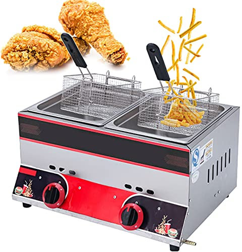 LAMEDOAT Deep Fryer With Freestanding Temperature Control, Commercial Gas Fryer, 22L Large Capacity Dual Fryer, With Baskets And Lid, Stainless Steel Countertop Deep Fat Fryer