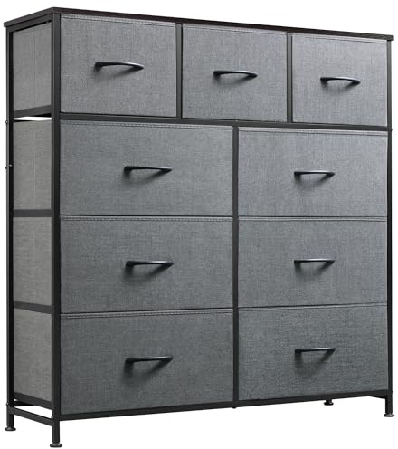 WLIVE Chest of Drawers, 9 Fabric Drawers Cabinet with Easy Pull Handle, Wood Top and Sturdy Steel Frame for Bedroom, Living Room, Dark grey