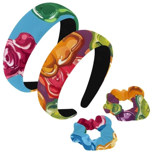 etoenbrc 2 Pack Polyester Wide Headbands and Scrunchie for Women, Colorful Gummy Bear Headbands Hair Band Fashion Non-Slip Hair Hoop for Girls Women Hair Accessories