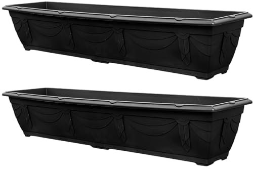 VR7 90cm Long Garden Planters 2 Pack Durable Plastic Trough for Raised Window Planting - Ideal for Flowers, Herbs, and Vegetables (Black, Without Trays)