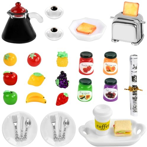Accessoires Maison de Poupee, 1/12 Objet Miniature 33 Pièces Miniature Accessoire pour Maison Cuisine Miniature Ensemble de Petit Déjeuner Mini Food avec Fruit Machine à Pain Café