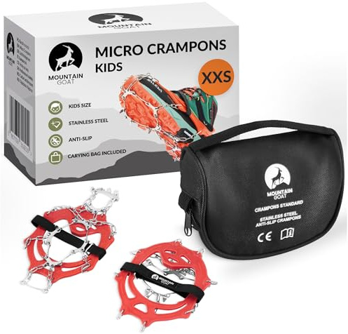 Mountain Goat Kinder Steigeisen für Bergschuhe, Spikes für Wanderschuhe mit 13 Edelstahl-Zähne, Crampons for Kids, Mini Grödel für Kinder, Schuhspikes, Outdoor, Wandern, Trekking