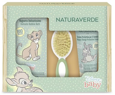 NATURAVERDE BIO BABY | Bio Disney Baby Bagnetto Delicatissimo 200ml + Crema Protettiva per il Cambio 100ml + Spazzola Capelli - Set Delicato per la Cura e il Bagnetto del Bambino