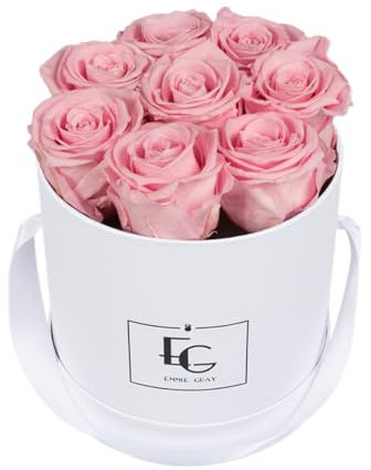 EG EMMIE GRAY Classic Infinity Rosebox | Round | S | White – 9 ± 1 Infinity Rosen mit langjähriger Haltbarkeit, echte Rosen die bis zu 3 Jahre blühen, konservierte Rosen (Bridal Pink)