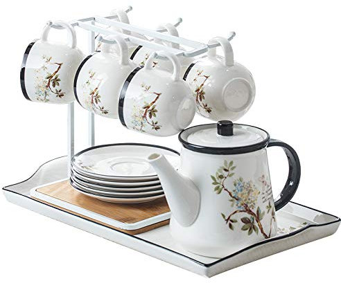 Juego de té de Porcelana, Juego de té de la Tarde con Tetera, Taza de café y platillo, Juegos de 6 Tazas y platillos de café de cerámica con Soporte para Tazas Blanco