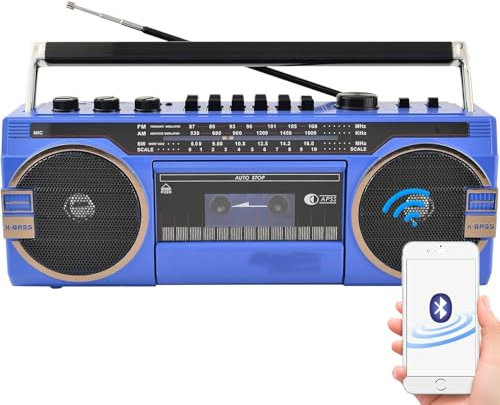 Classico Lettore di Cassette retrò in Stile Anni '80, Registratore di Cassette Bluetooth, Lettore di Cassette Radio (Scheda di Memoria/USB/Aux/Tf/Nastro), Am/Fm/SW1-2 Tre Bande,Blue