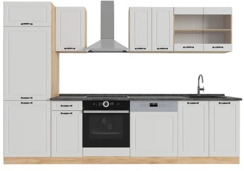 Vicco Küchenzeile R-Line, Weiß Landhaus/Goldkraft Eiche, 300 cm | 8 Module · Höhenverstellbare Füße · Ohne Arbeitsplatte · MDF-Fronten · Mit Kühlschrankumbauschrank · Frei kombinierbar