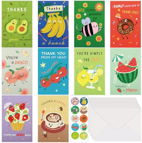 AhfuLife 30Pcs Biglietti di Ringraziamento, Simpatici Biglietti d'auguri alla Frutta con 30 Buste Kraft Bianche e 10 Disegni, per Insegnanti, Amici, Attività per il Ringraziamento, Compleanni