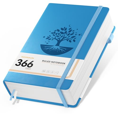 NORDUN Dickes, liniertes A5-Notizbuch, 366 Seiten, Leder, Hardcover-Tagebücher mit Haftnotizen, 100 g/m² dickes Papier, Tagebücher für Männer und Frauen, Schreiben, Notizbuch für Schule, Büro, Zuhause