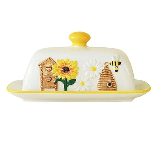 Multifucitional Ceramic Butter Dish Porcelain Countertop Container Sweet Bee Butter Dish with Handle for Counter Decor