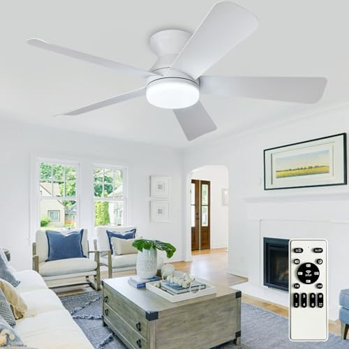 Depuley Ventilateur de plafond moderne avec lumière : Petit ventilateur de 42 pouces blanc - Ventilateur de plafond à gradation avec télécommande 5 pales blanches réversibles 6 vitesses minuterie