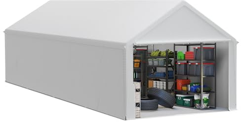 LZQ förvaringstält 4 x 8 m – utrustningstält och tältgarage med robust PE-presenning – väderbeständigt skydd med takförstärkning och golvram för verktyg, utrustning, trädgård och byggplats (vit)