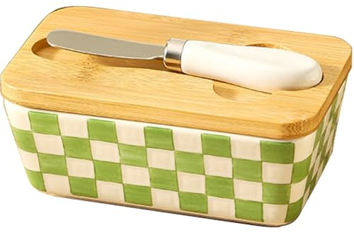 Ceramic Checkered Butter Keeper Holder Jar for Fresh Spreadable Butter, Orkim Le Creuset Water Seal Butter Crock Cup Holder with Lid and Knife for Countertop, Butter Dish Saver Bowls