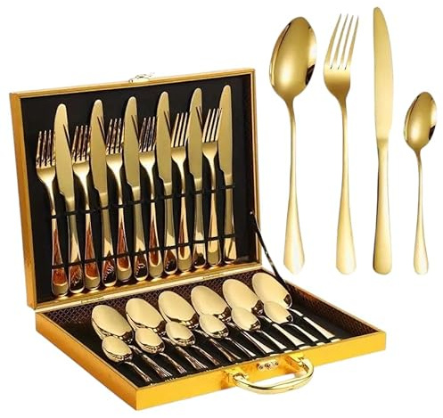 Juego de Cubiertos Dorados de 24 Piezas, Set de Servicio para 6 con Estuche de Regalo, Acero Inoxidable