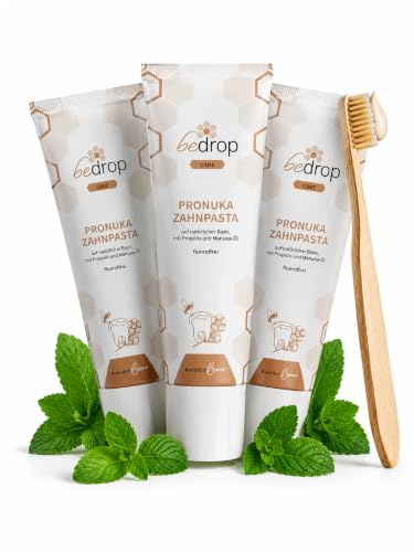bedrop Pronuka Zahnpasta mit Propolis & Manuka-Öl fluoridfrei, natürlich, ohne Mikroplastik & ohne Titandioxid, natürliche Zahncreme mit Zitrone-Minze Geschmack (3x 75ml Sparset)