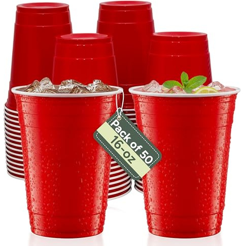 Zuvo Red Party Cups – 16oz Plastic Disposable Cups (Pack of 50) - Durable Red Plastic Cups for Birthdays, Events - Recyclable, Easy to Use, Iconic Party Drinkware