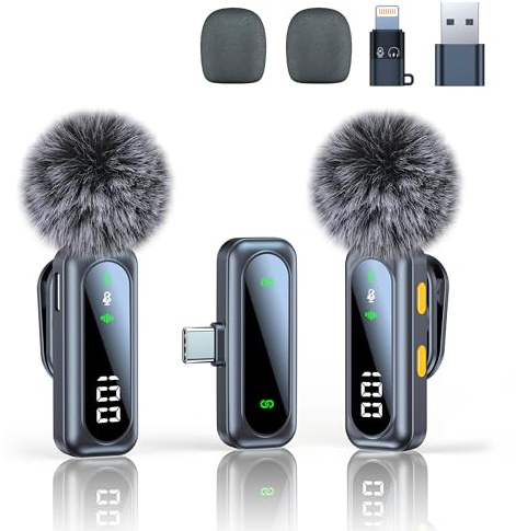 Kabelloses Mikrofon, Mikrofon für iPhone und USB-C-Stecker, Mini-Mikrofone, kabellose Mikrofone mit Rauschunterdrückung, Mini-Mikrofon, LED-Display und den Akku anzeigen, ideal für Vlog, TikTok