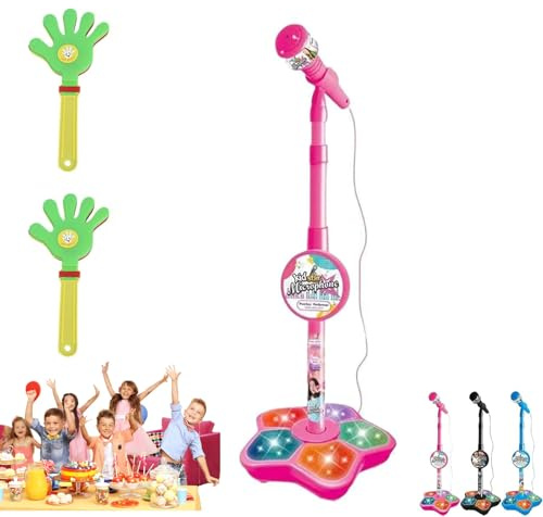 Microphone de karaoké pour enfant avec effet de lumière, microphone pour fille, avec support réglable en hauteur, appareil de karaoké portable Bluetooth, idéal pour les fêtes de filles (rose)