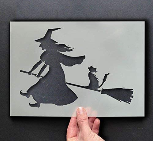 Hexe Reiten Besen Schablone | Halloween Dekor & Basteln Schablone | Farbe & Gestalte Zeichen,Wände, Stoffe, Möbel | Wiederverwendbar… - 77x109cm