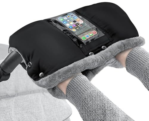 phixilin kinderwagen handwärmer, kinderwagen muff mit Fleece Innenseite, handwärmer kinderwagen mit Handytasche,Wasserfest und Windabweisend Winter für Kinderwagen Buggy Radanhänger - Schwarz