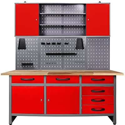 Ondis24 Werkstatteinrichtung rot 160cm, Werkstatt - Werkbank, Hängeschrank, Euro - Lochwand mit Haken