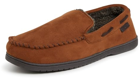 Dearfoams Men's Microsuede Moccasin with Whipstitch Slipper, Chestnut, Large