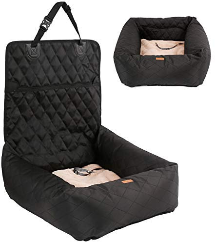 Hundebett Autositzbezug Pet Car Booster Seat 2 in 1 Front Back Protector Pet Lookout Tragbarer Autositzabdeckung Hundetransport Vordersitz mit dickem Zwinger und Sicherheitsgurt (Schwarz, M)