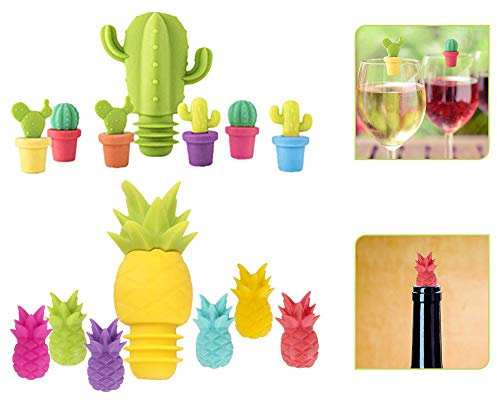 ASFINS Tappi per Bottiglie Segnabicchieri, 2 Pezzi Tappi per Bottiglie di Vino e 12 Pezzi Segna Calici per Feste Compleanni Feste Estive, Design di Cactus e Ananas