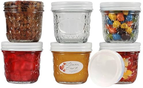 megusta!® Set 6 Einmachgläser 280 ml | Glas Diamantmuster | Deckel weiß | als Marmeladengläser | für Dessert + Pesto | Einfrieren + Backen | + 12 Label
