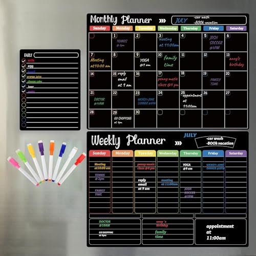 Magnetische Monatstafel für Küchenkühlschrank mit 8 farbigen Kreidemarkern, 40,6 x 30,5 cm, trocken abwischbar, Wochenplaner und Einkaufsliste, Notizblock, Kreidetafel für Kühlschrank, Schwarz
