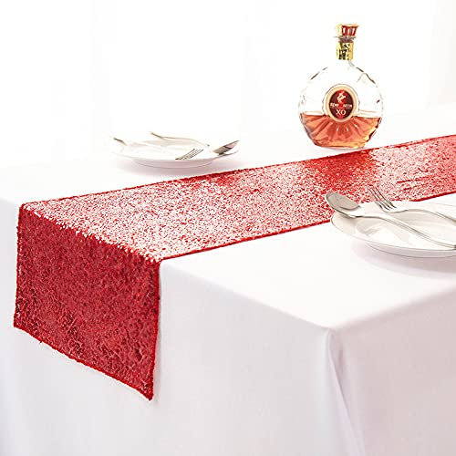 Glitzernder Tischläufer mit runden Pailletten, Tischläufer, Tischdecke für Hochzeit, Weihnachten, Bankett, Party, Esszimmer, Kaffeetisch, Dekoration, 35 x 275 cm, Rot
