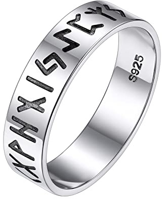 Silvora Wikinger Runen Fingerring Herren Damen 925 Silber Fingerring 5mm breit Viking Siegelring Punk Hip Hop Freundschaftsring Partnerring Ringgröße 54.4 (17.3)
