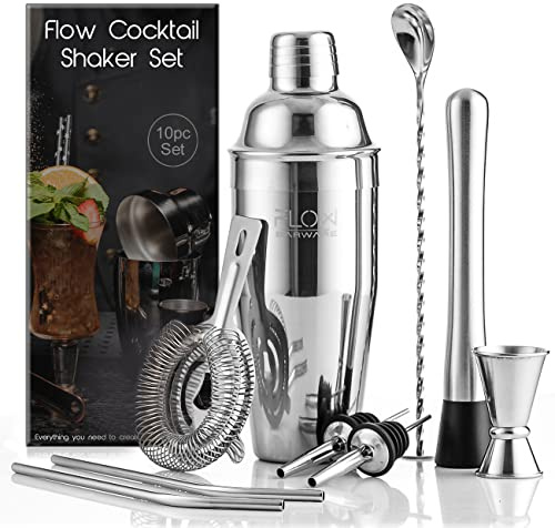 FLOW Barware Cocktail Shaker Set | 10 Piece Cocktail Making Kit, Premium Steel Shaker with Strainer, Spirit Measure, Muddler, Tools & Accessories. Home Bar Gift For Mixologists