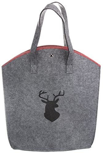 Brandsseller Filztasche Hirsch Prägung ca. 25 x 12 x 36 cm mit Magnetverschluss und roter Overlock Naht Einkaufstasche Shoppingbag Freizeittasche Anthrazit