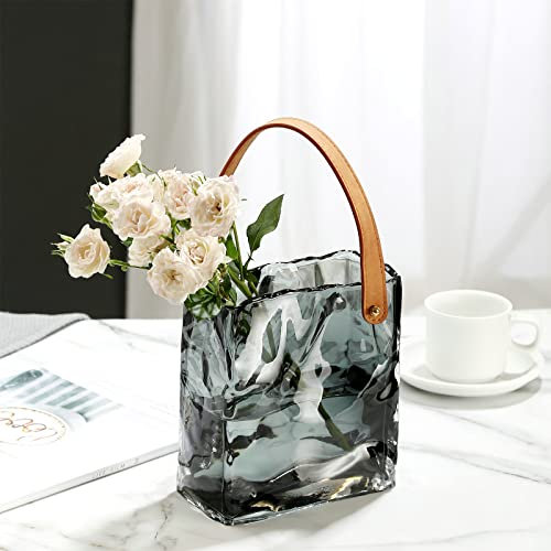 BestAlice Vase pour sac à main pour fleurs, vase en verre avec bol à poisson, sac à main unique, vase décoratif en verre transparent avec poignées, joli vase pour décoration d'intérieur (gris - S)